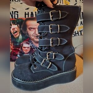 Demonia Black Heeled Boots with Buckles